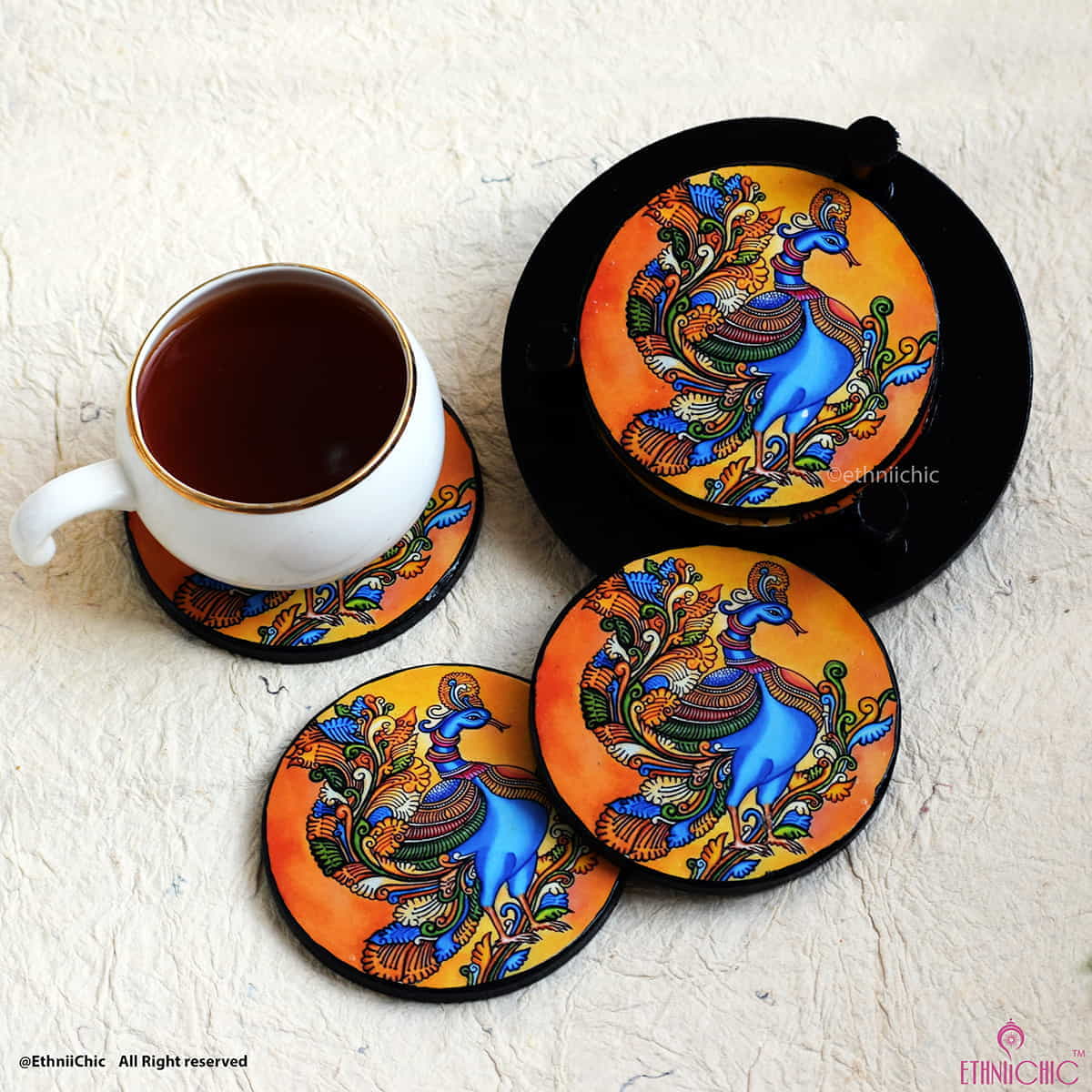 Wooden Tea Coasters - Round - Kerala Mural Peacock image 0