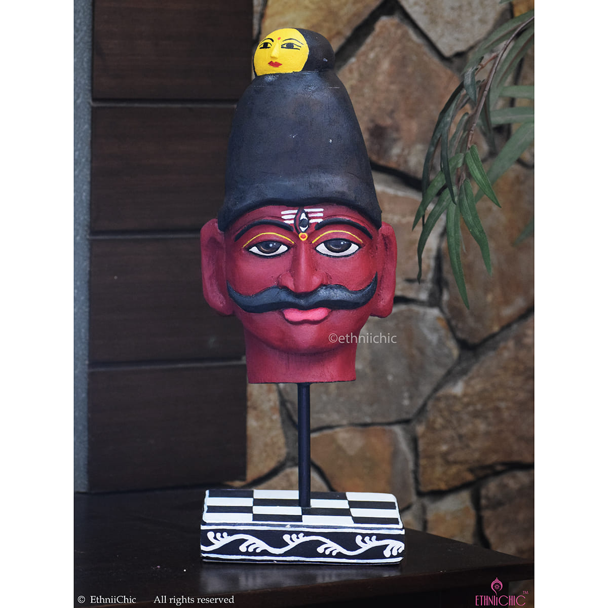 Wooden Hand Painted Shiva Head on stand - 14" image 0