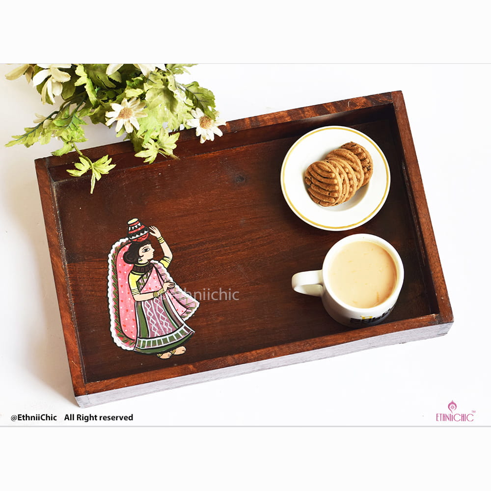 Hand painted Madhubani Lady Solid Wood Serving Tray image 0