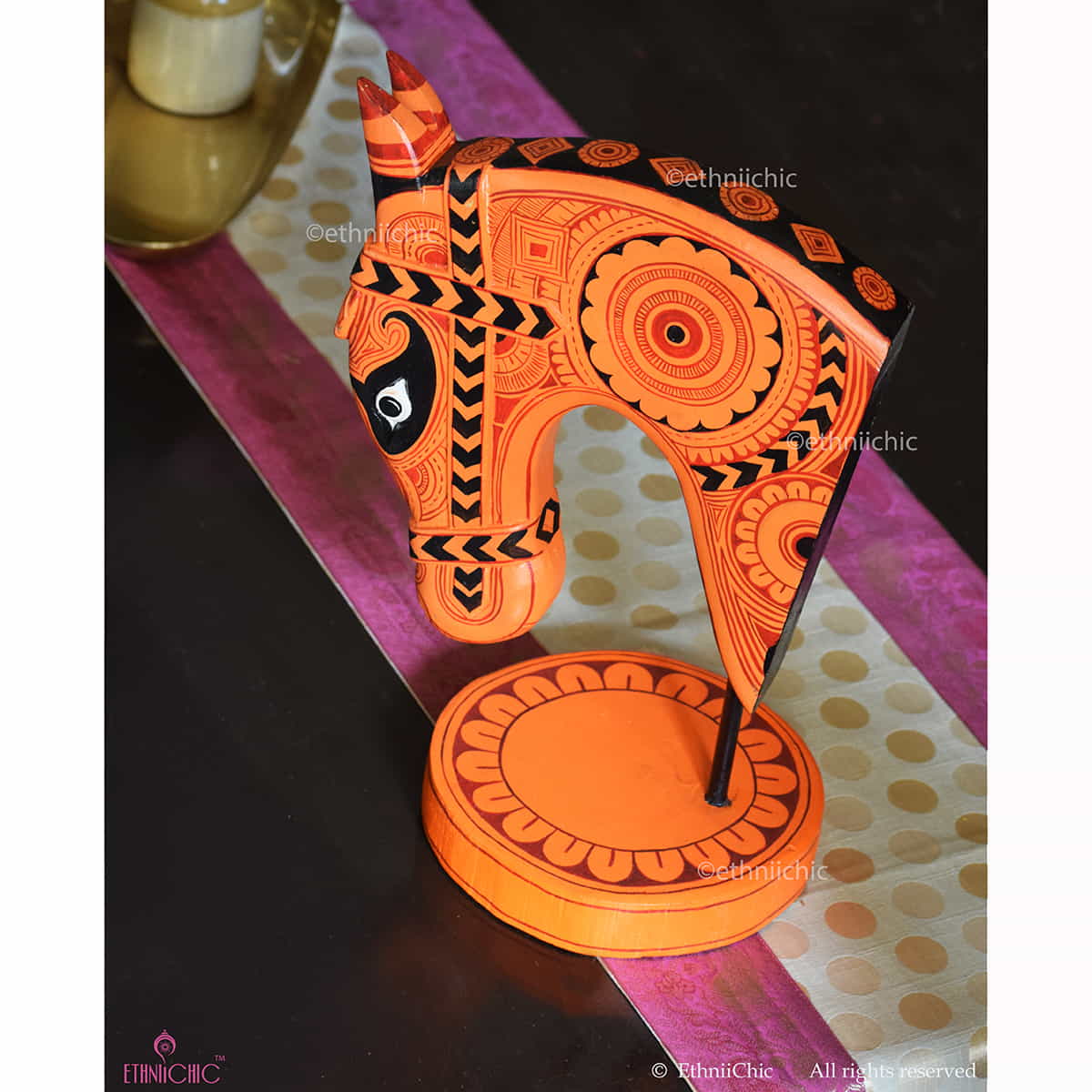 Hand Painted Wooden Horse Head on stand - Theyyam Design image 2