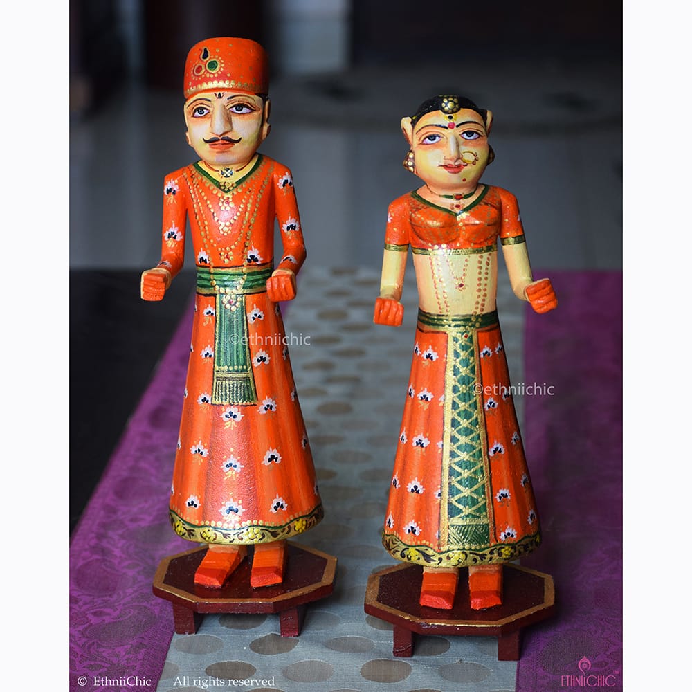 Wooden Gangaur Dolls 12" - Orange & Green image 0