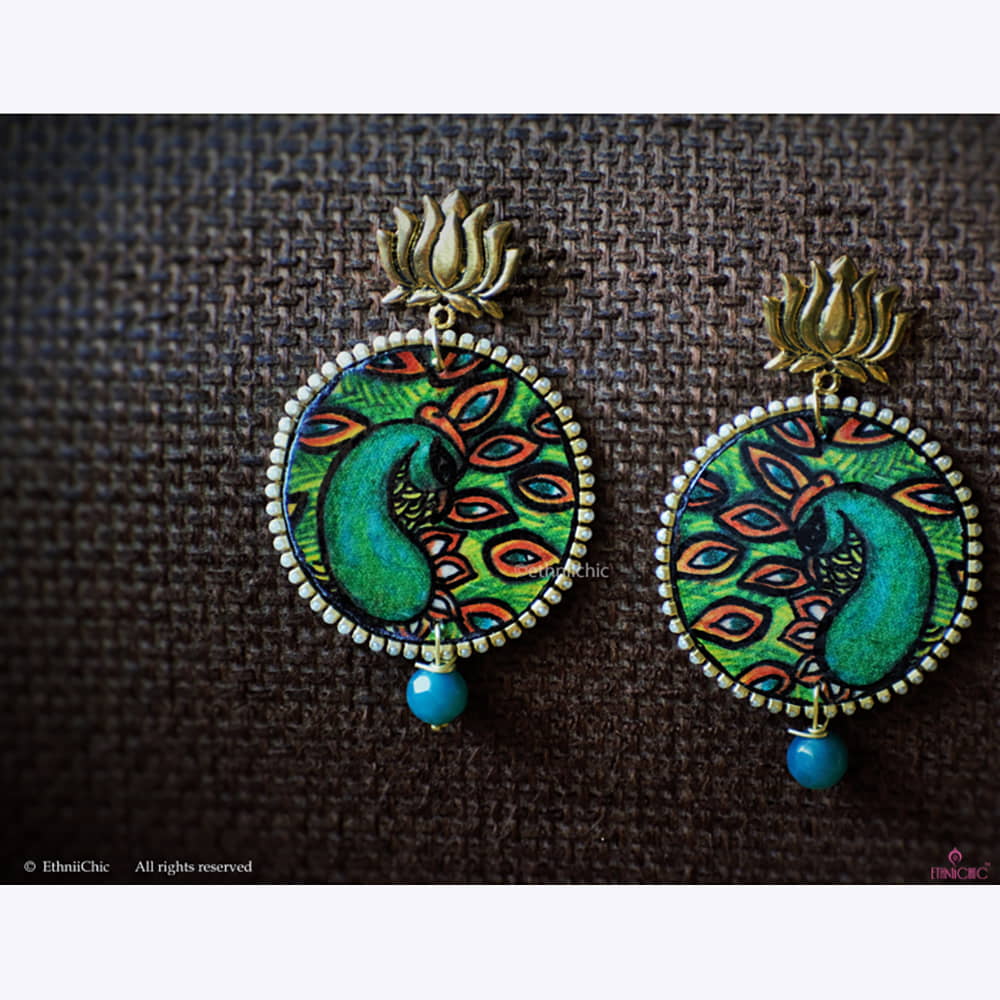 Hand painted Ear rings - Mural Peacock image 0
