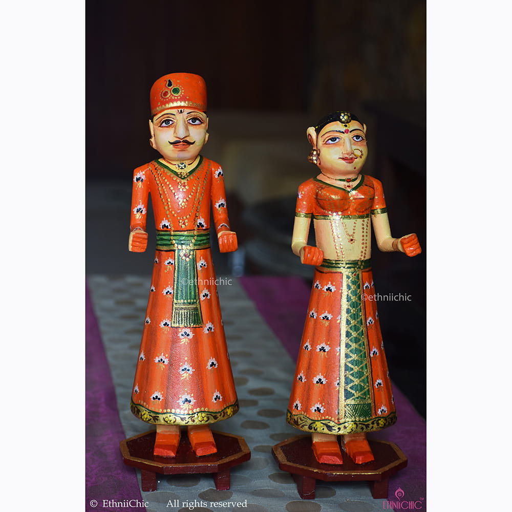 Wooden Gangaur Dolls 12" - Orange & Green image 1