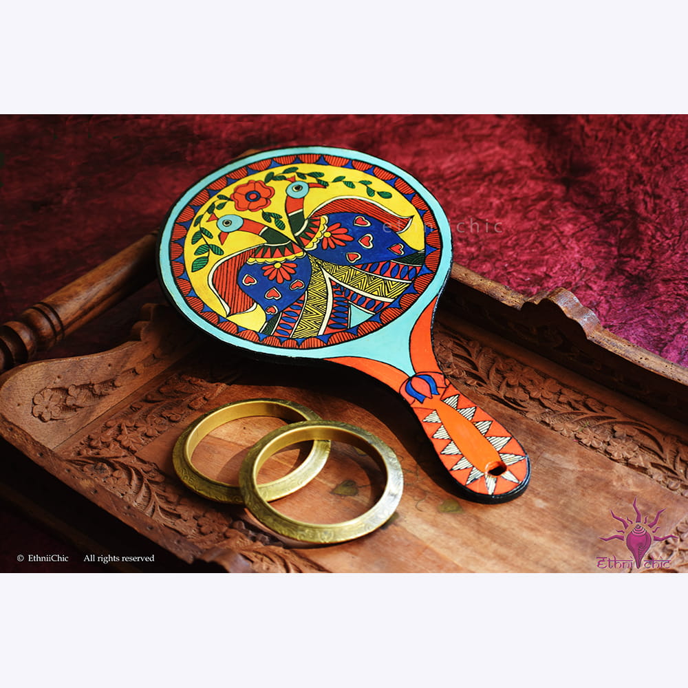 Hand Painted Madhubani Peacock Hand Mirror image 0