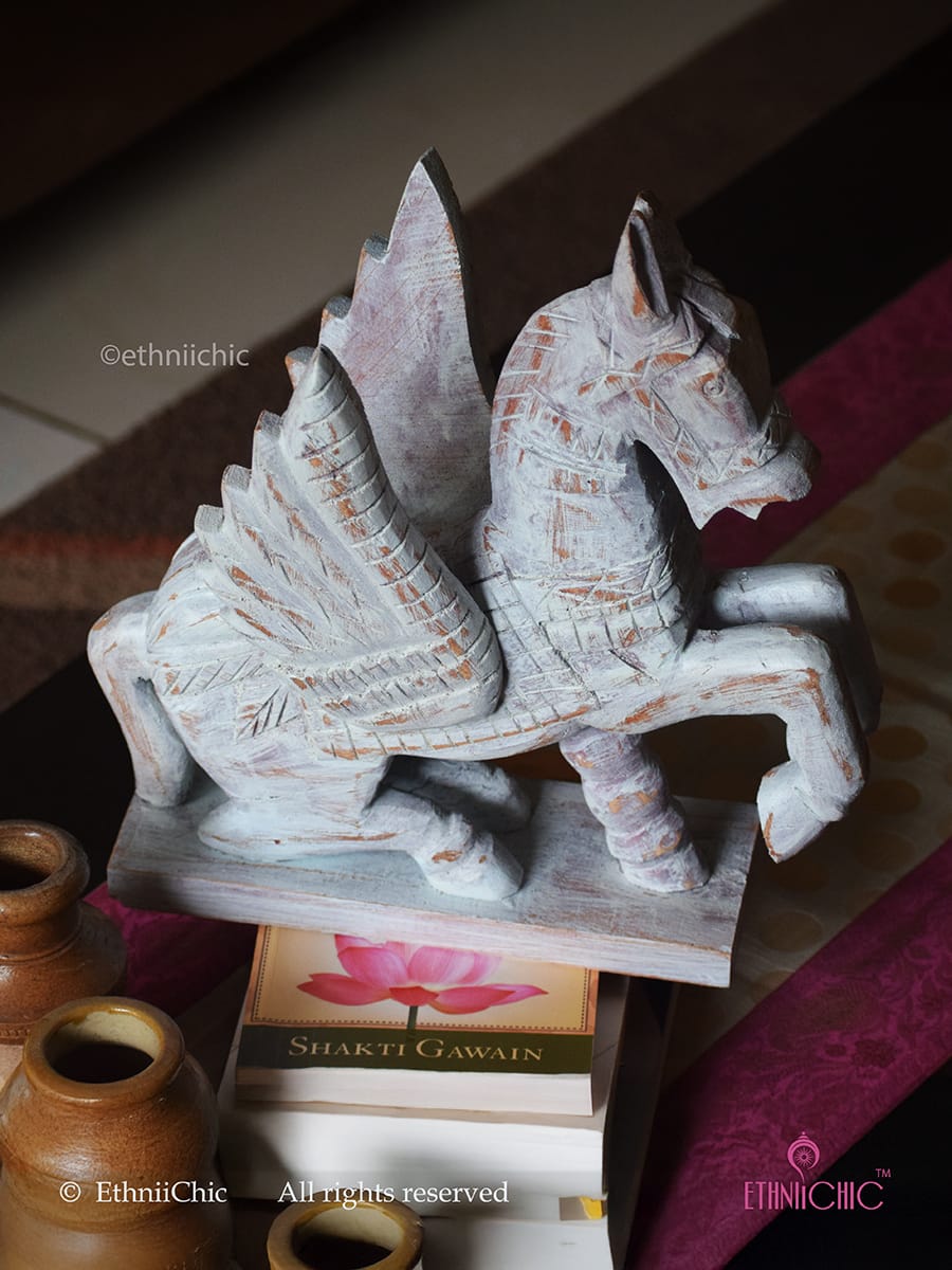 Hand Painted Wooden Flying Angel Horse in Distressed Finish