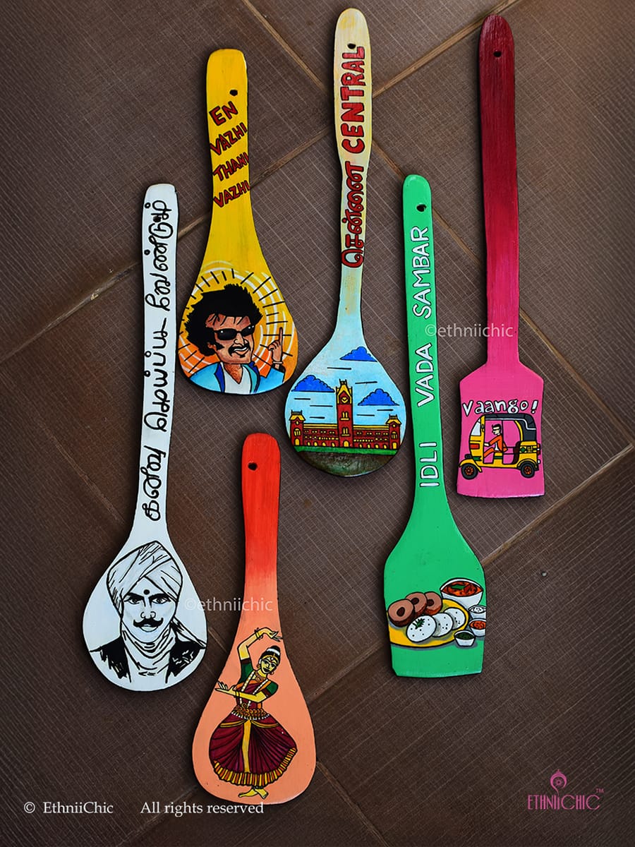 Chennai Inspired Hand painted Spatula Art Wall Decor - Set of 6
