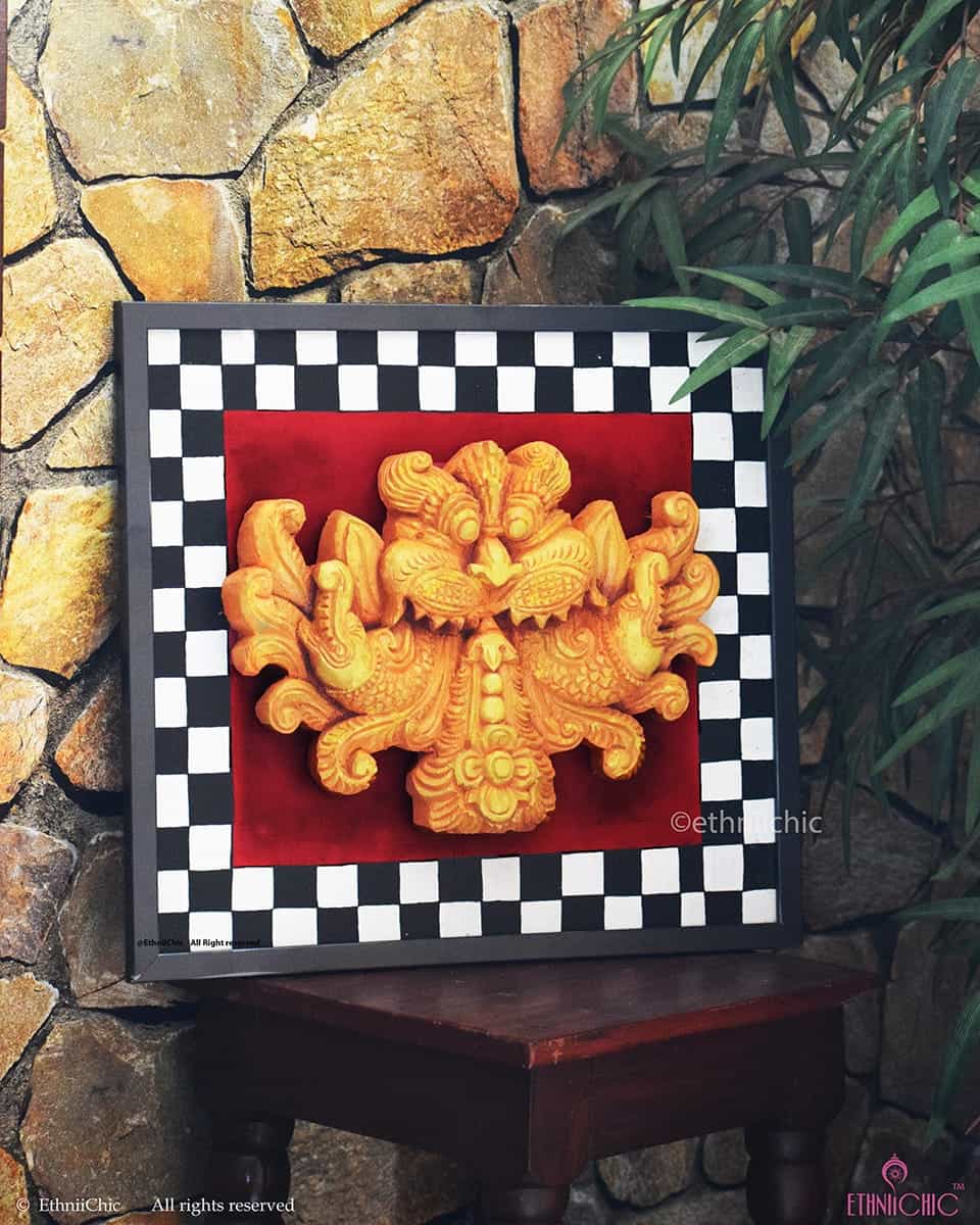 Handcarved Keerthimukha in Frame - Orange