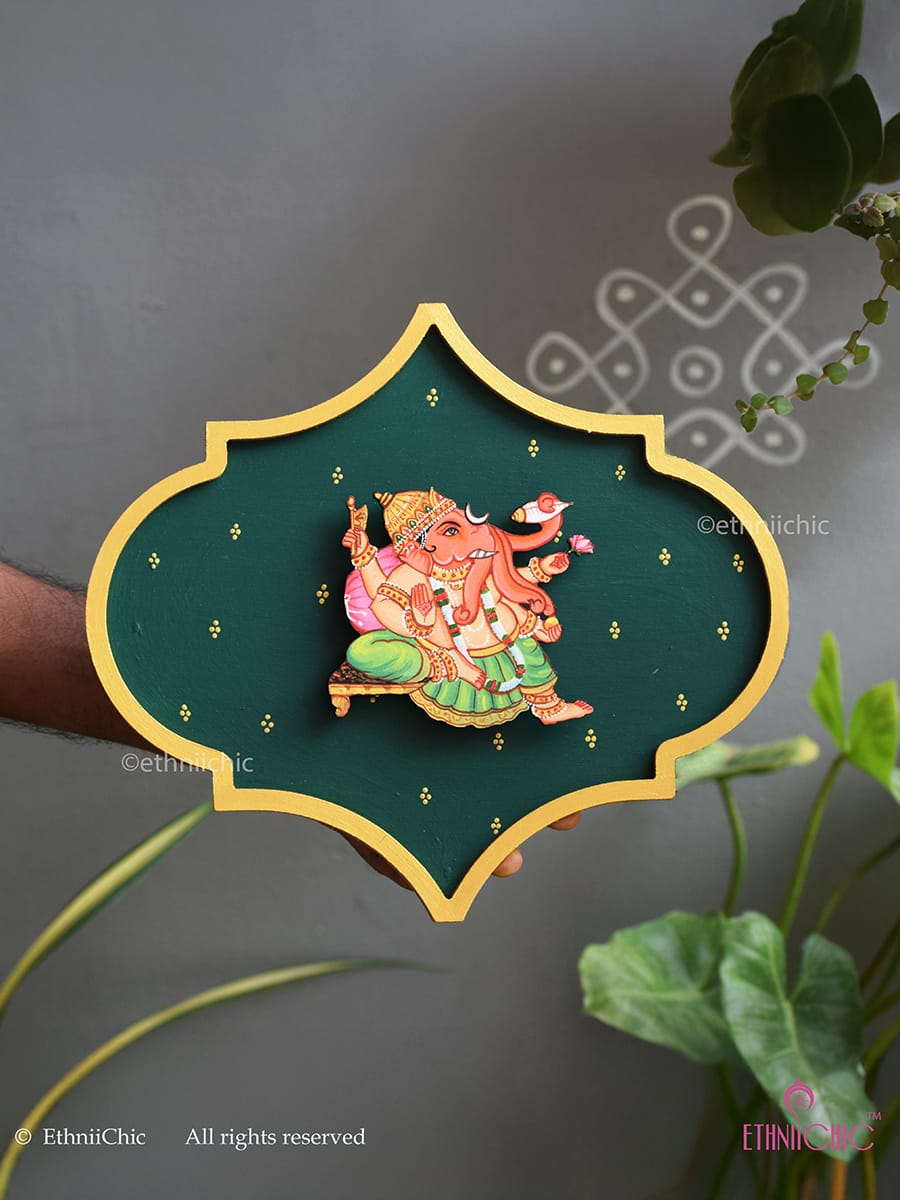 Handpainted Ganesha Wooden Wall Plaque - 10"