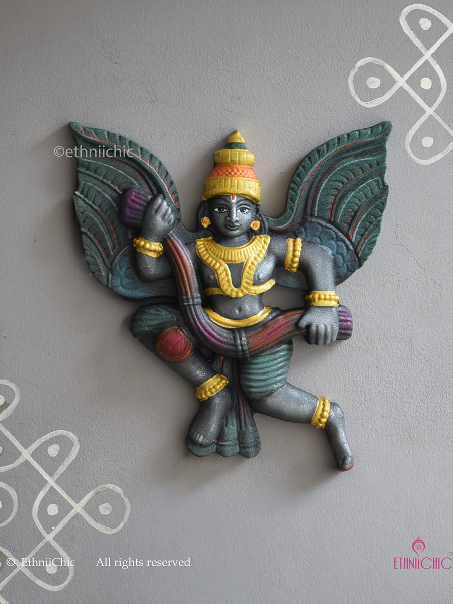 Wooden Handcarved Hand Painted Gandharva with Garland - Olive green