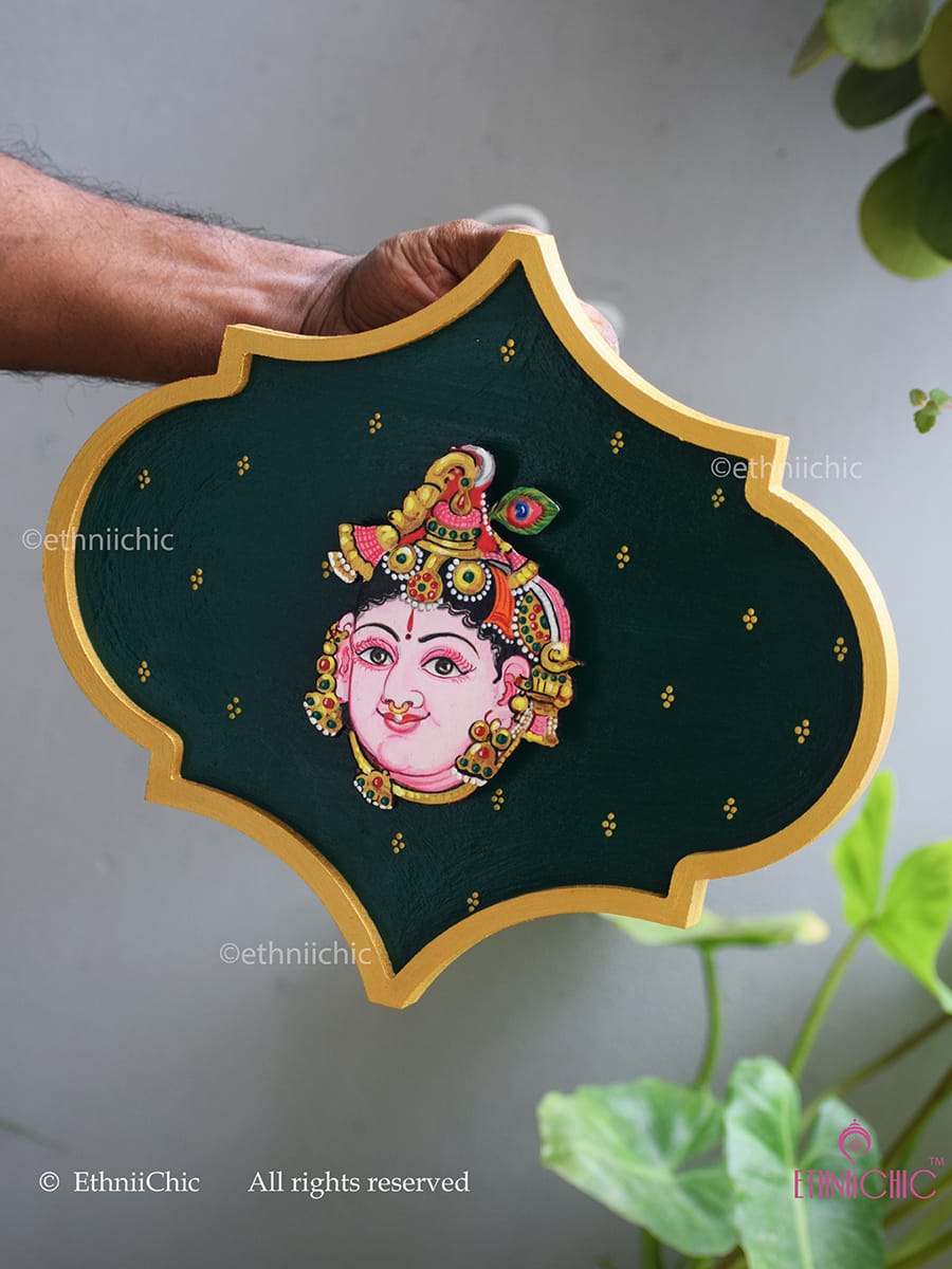 Handpainted Krishna Wooden Wall Plaque - 10"