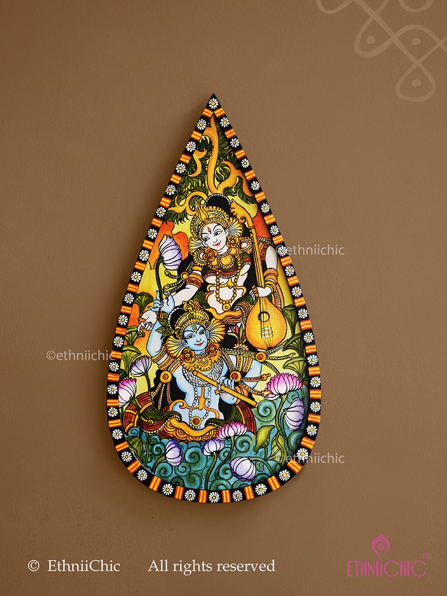 Handpainted Kerala Mural Wooden Wall Plaque 15"