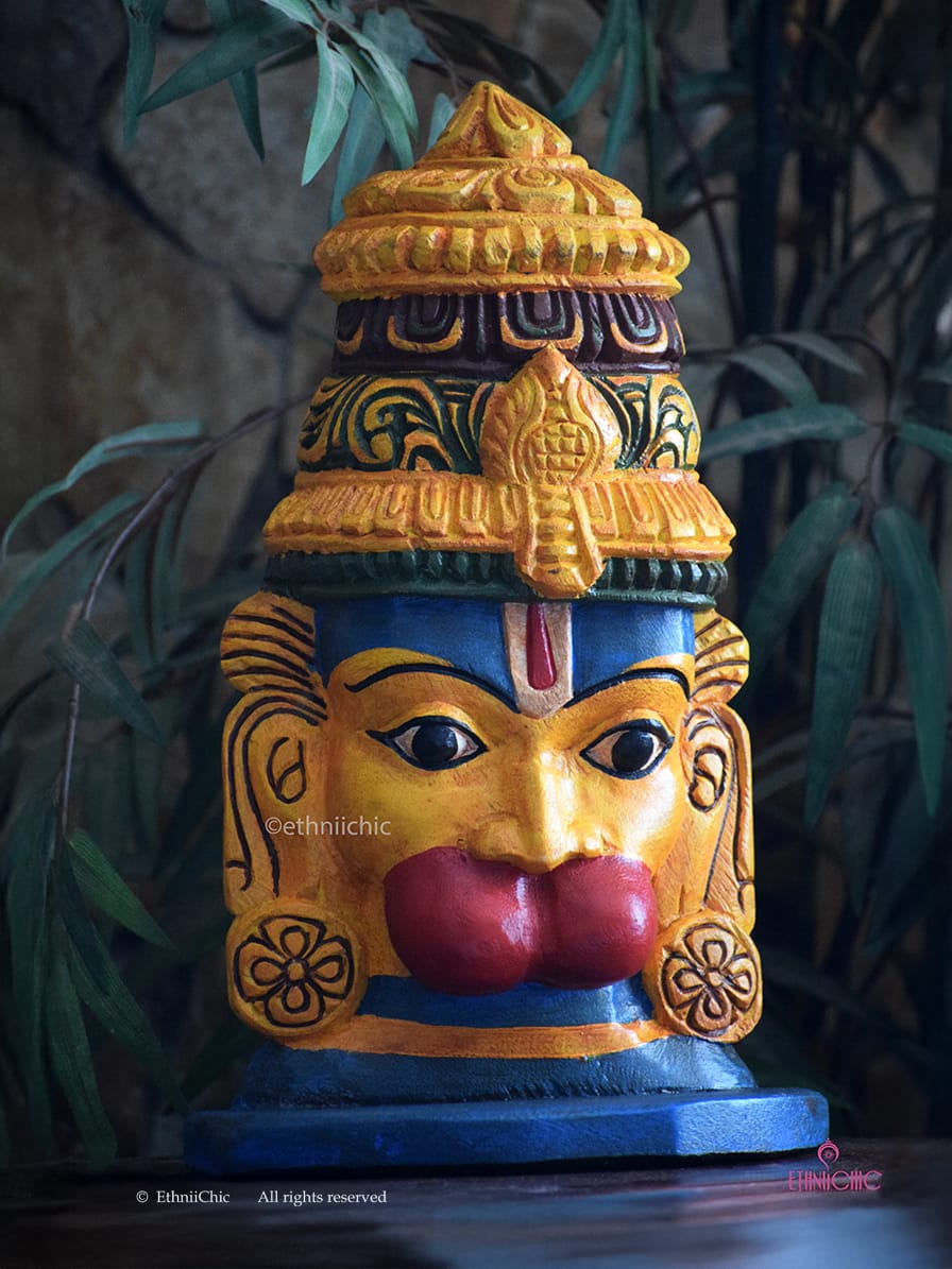 Wooden Hand Painted Hanuman Head - 12"