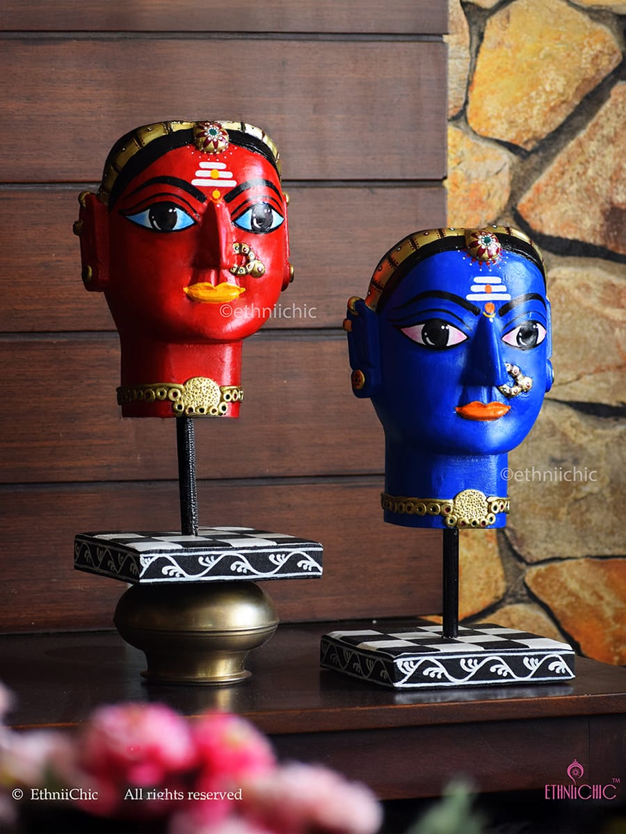 Wooden Hand painted Gauri Head - 13" (Set of 2)