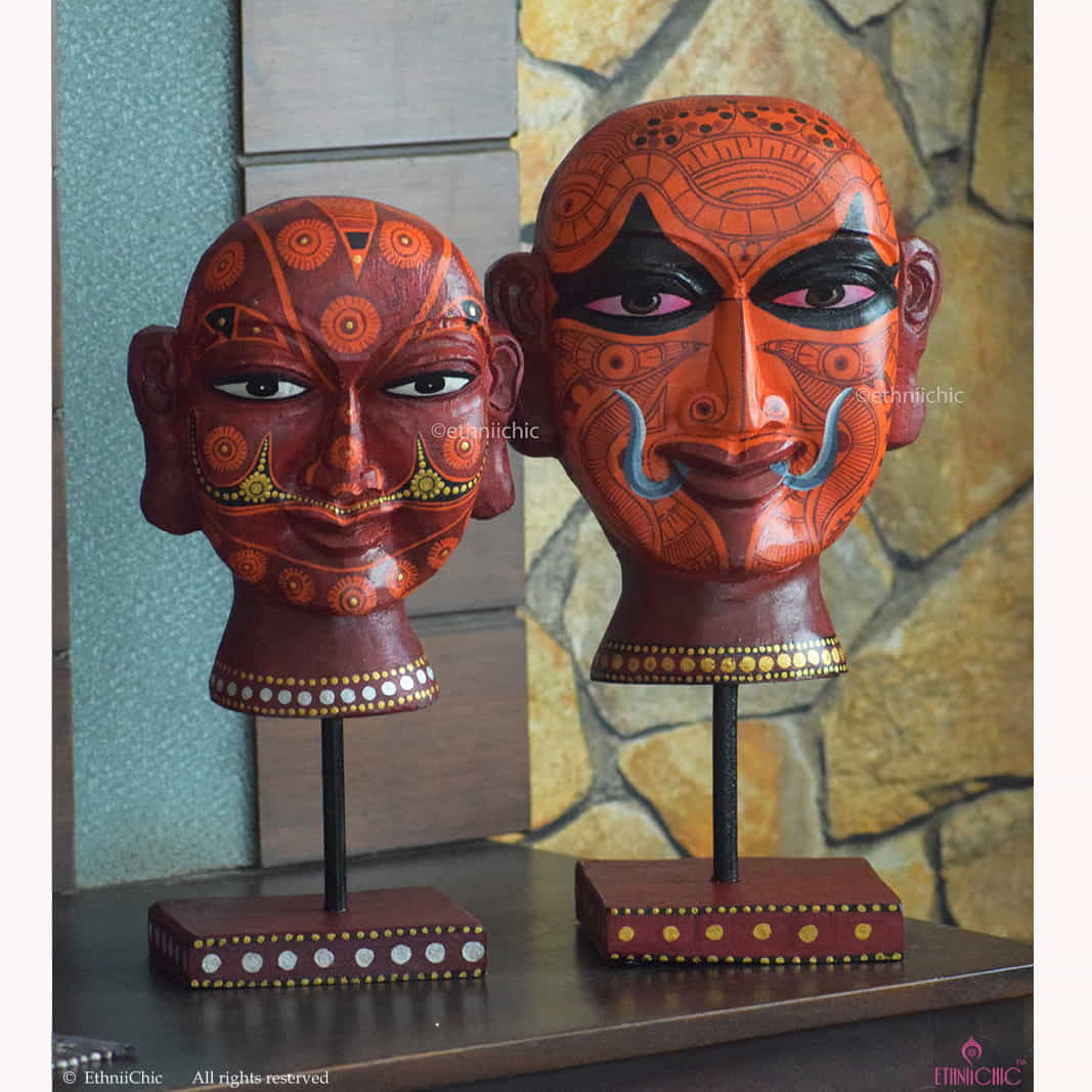 Handpainted Wooden Theyyam Heads Set -15" & 13" on stand image 0