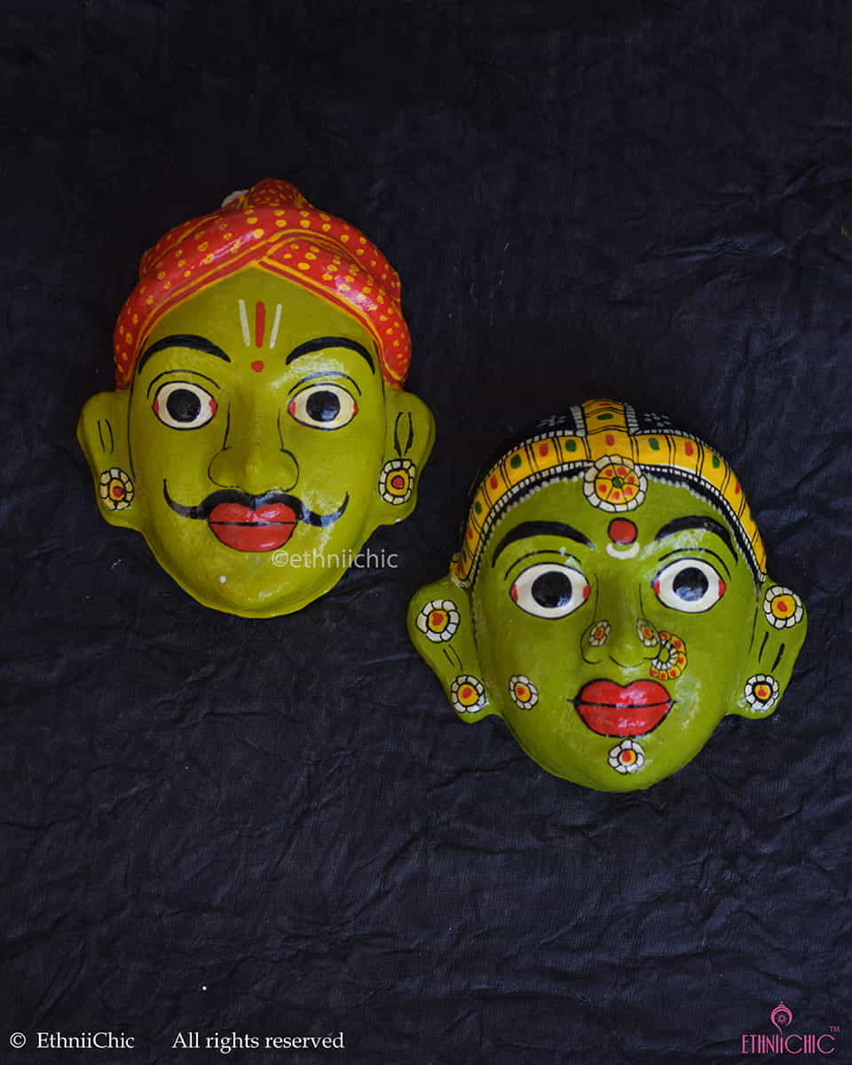 Handmade Olive Green Cheriyal Mask - Wall Decor image 0