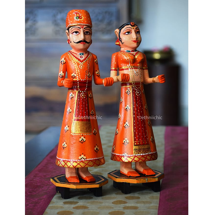 Wooden Gangaur Dolls 12" - Orange & Red image 1