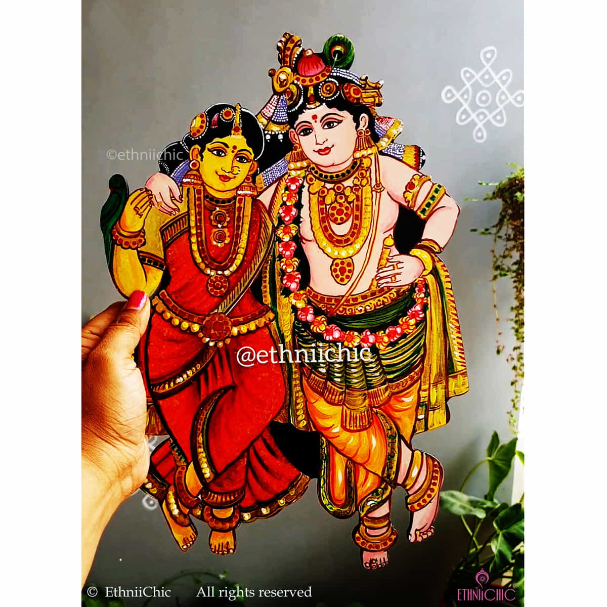 Rukmani Krishna Tanjore Hand painted Wooden Cut Out image 0