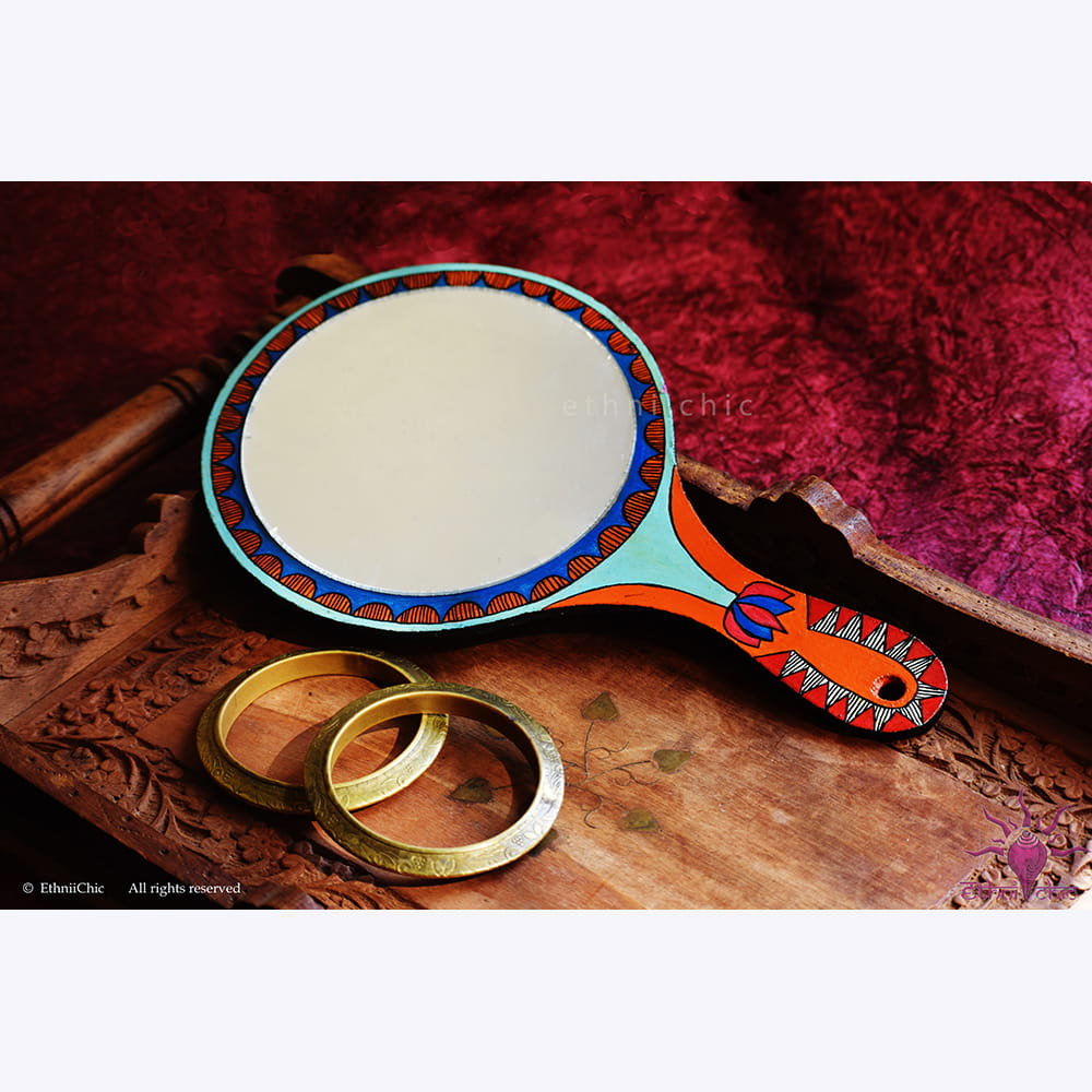 Hand Painted Madhubani Peacock Hand Mirror image 1