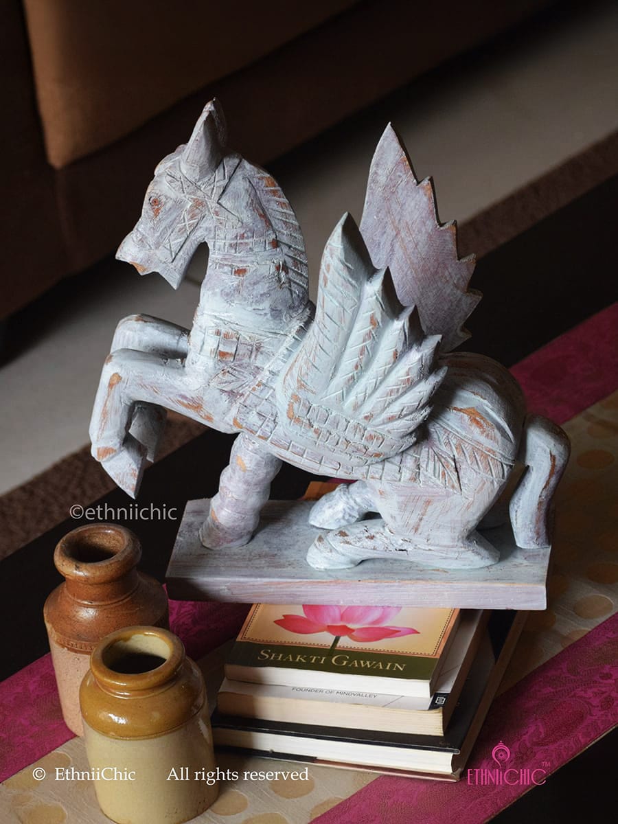 Hand Painted Wooden Flying Angel Horse in Distressed Finish