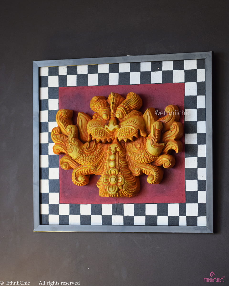 Handcarved Keerthimukha in Frame - Orange