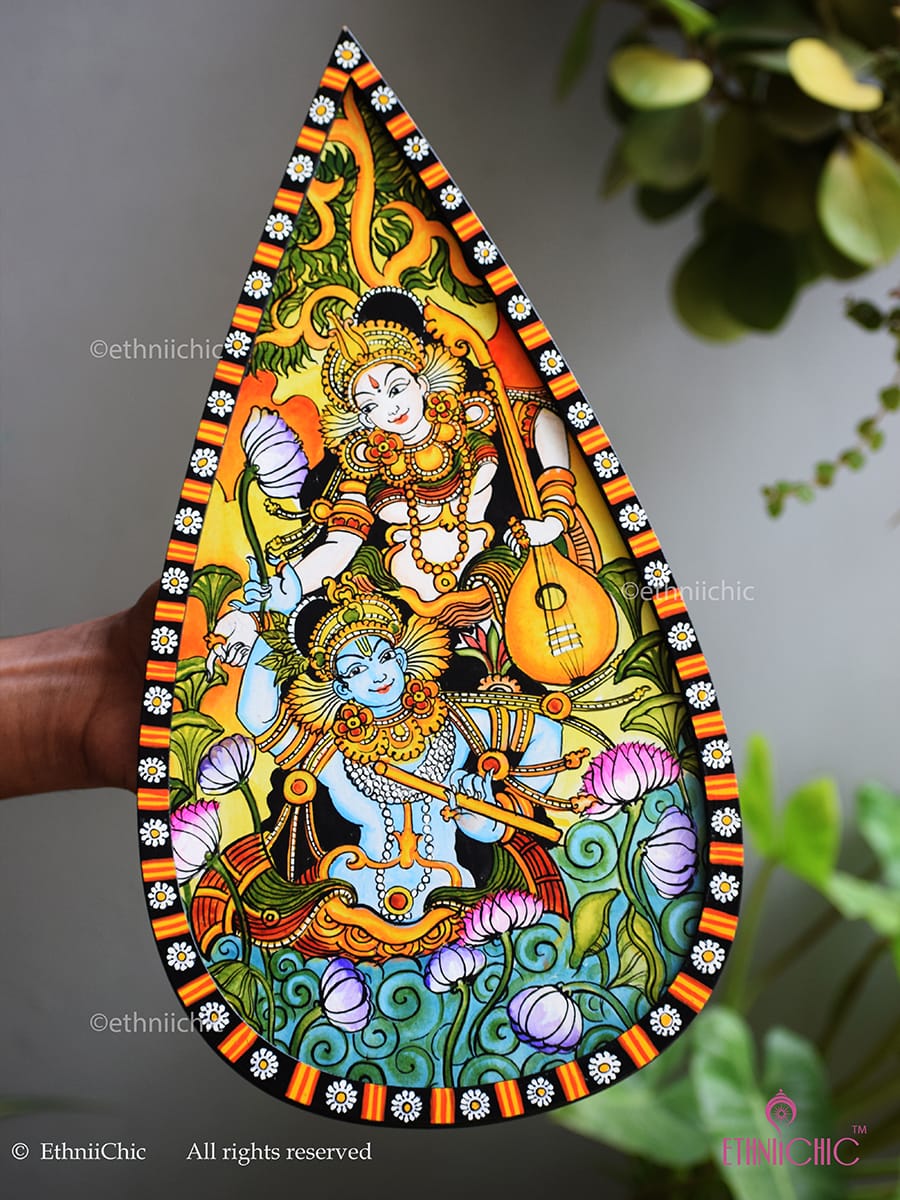 Handpainted Kerala Mural Wooden Wall Plaque 15"