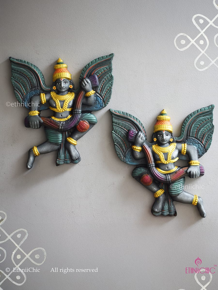 Wooden Handcarved Hand Painted Gandharva with Garland - Olive green