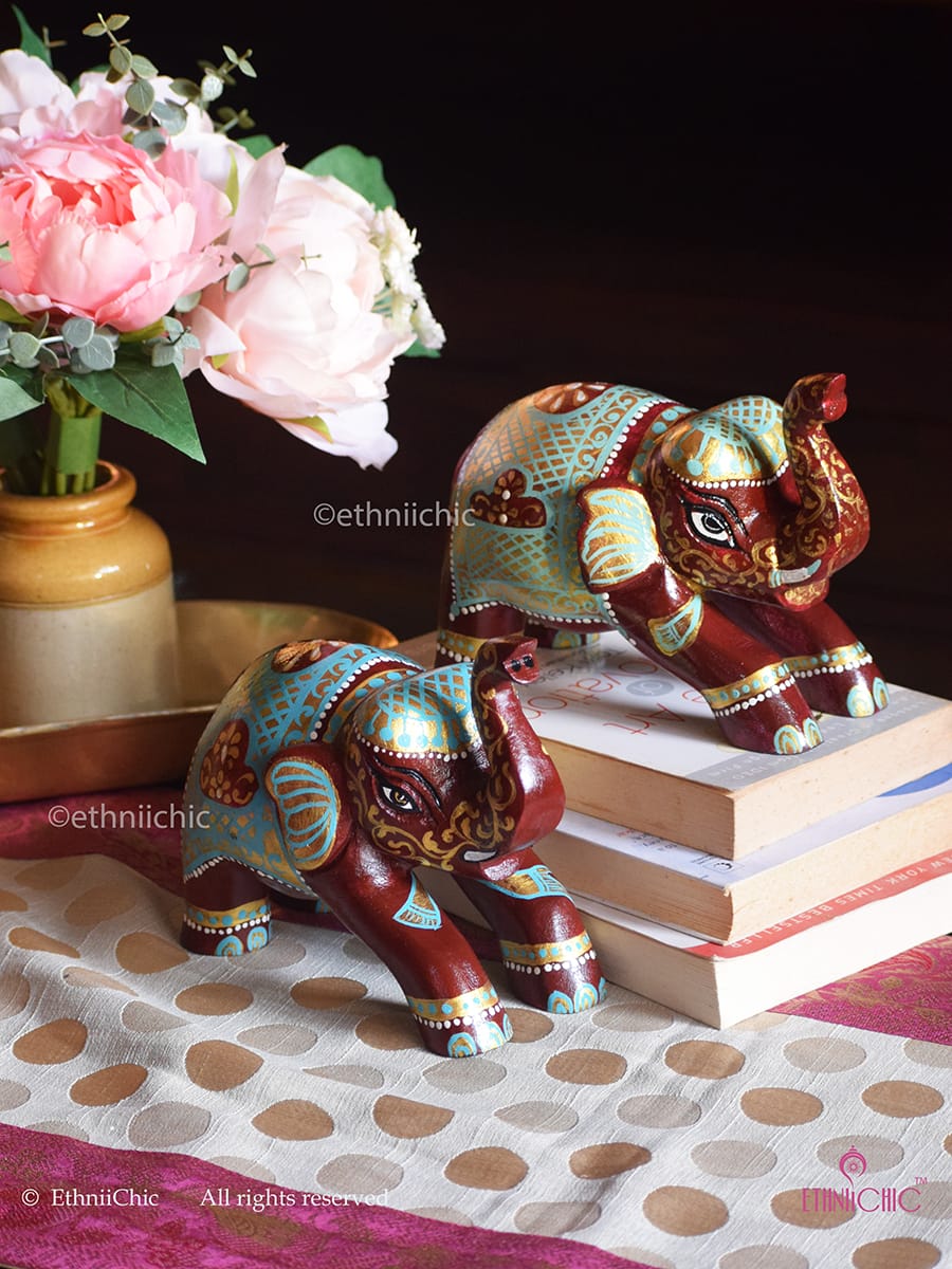 Hand Painted Wooden Elephant (Set of 2)