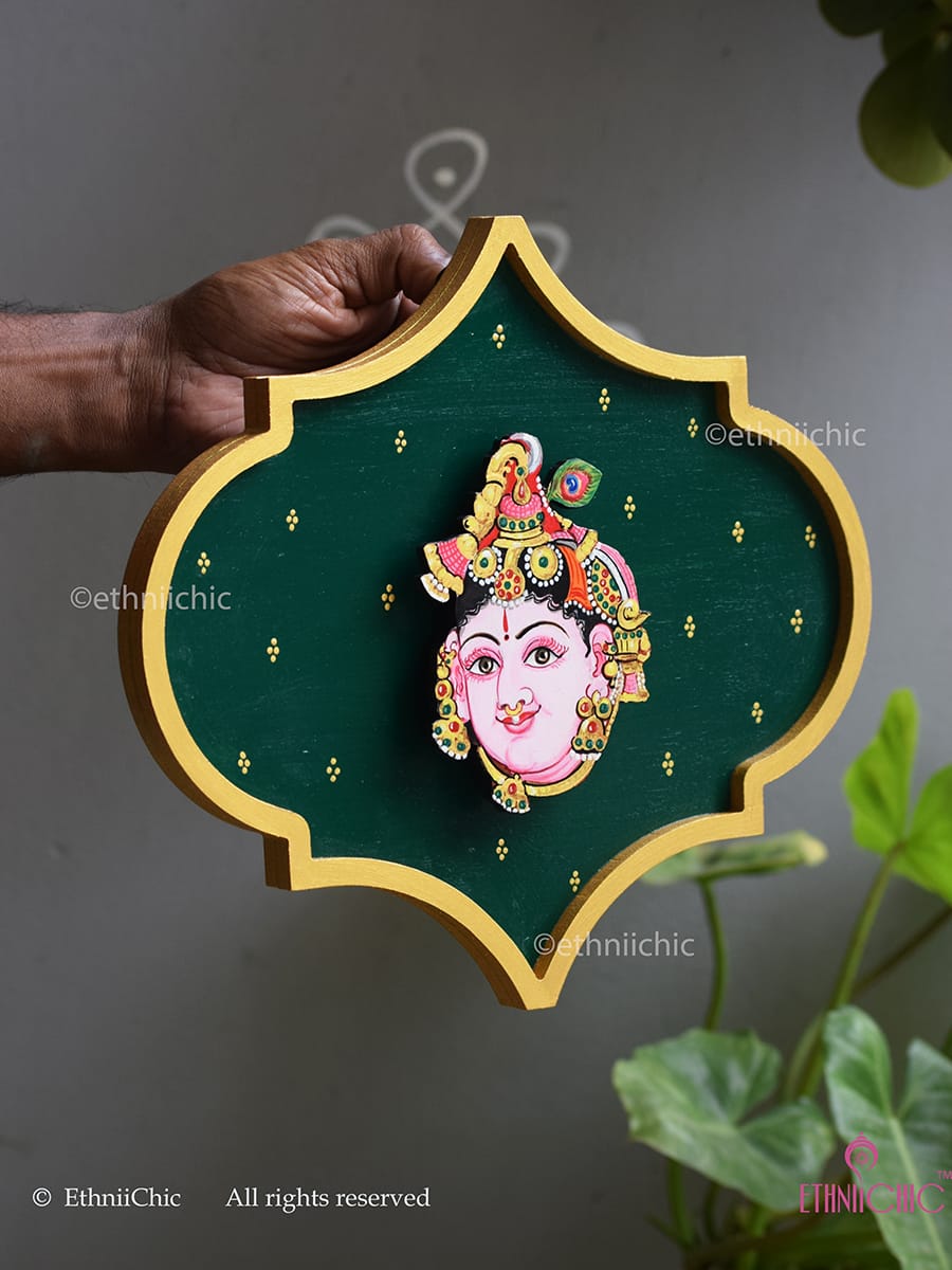 Handpainted Krishna Wooden Wall Plaque - 10"