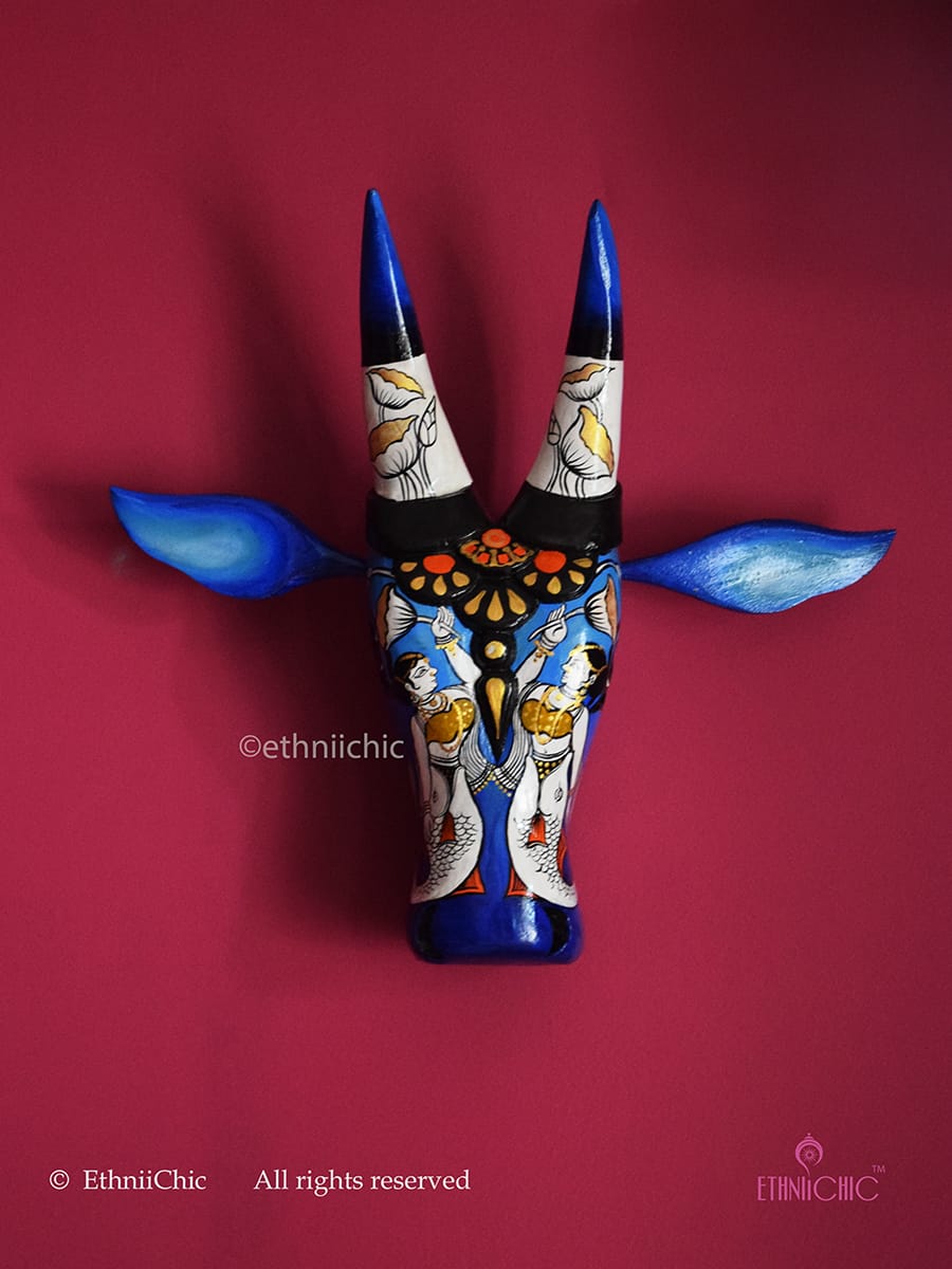 15" Hand-painted Wooden Cow Head in Blue