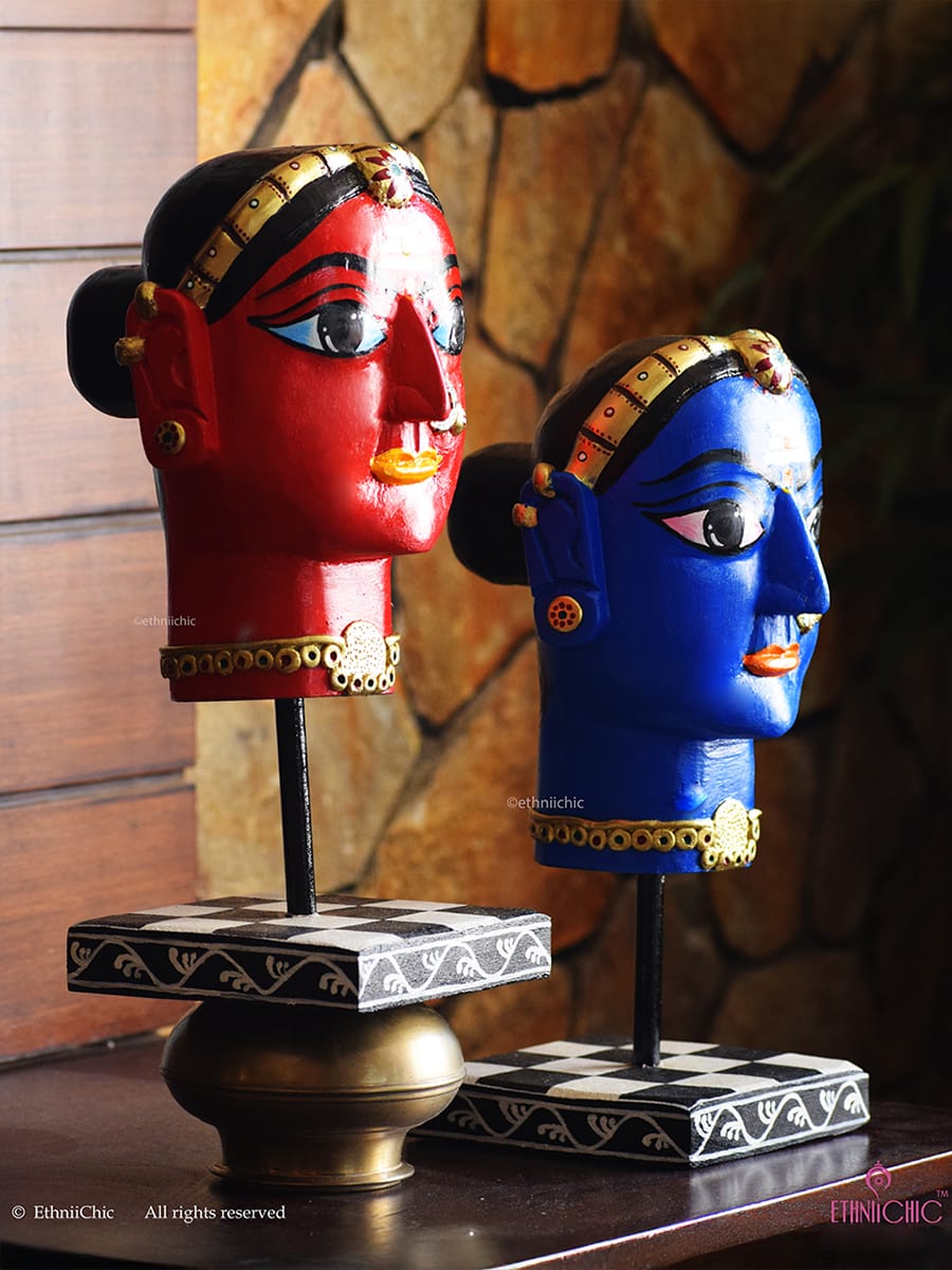 Wooden Hand painted Gauri Head - 13" (Set of 2)