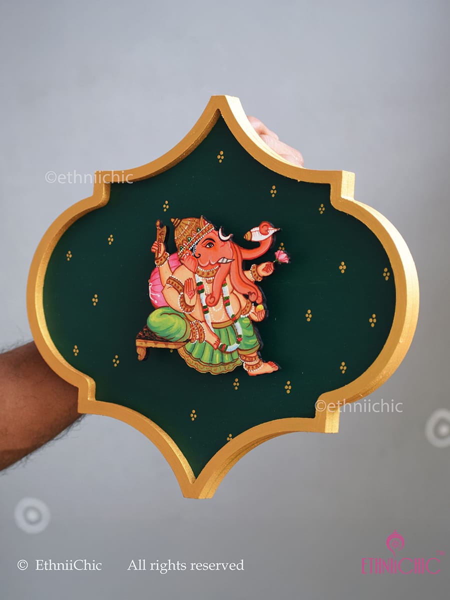 Handpainted Ganesha Wooden Wall Plaque - 10"