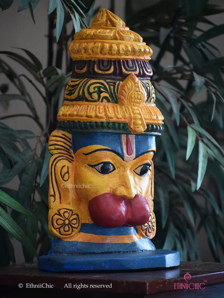 Wooden Hand Painted Hanuman Head - 12"