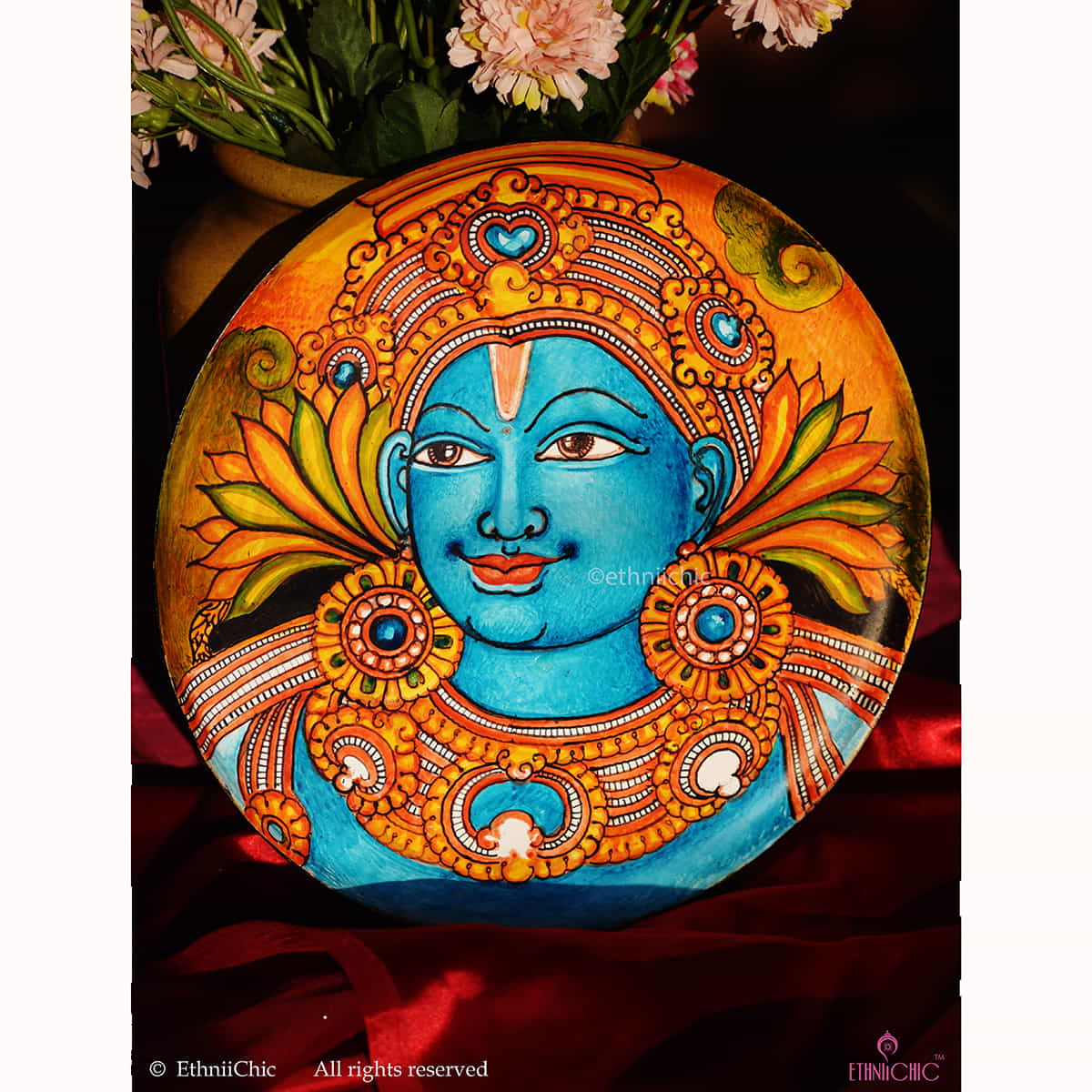 Hand painted Krishna Kerala Mural Wall Plate - 10" image 1