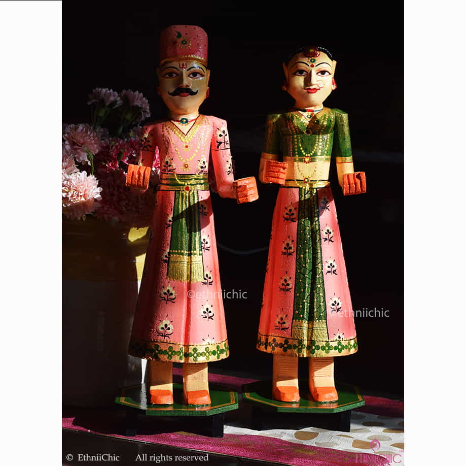 Wooden Gangaur Dolls 18"- Peach & Olive Green image 0
