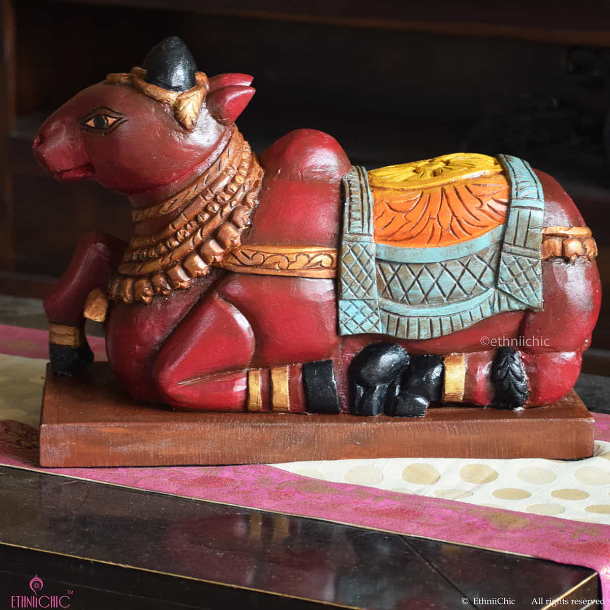 Wooden Hand painted Maroon Nandi - 17 " image 3