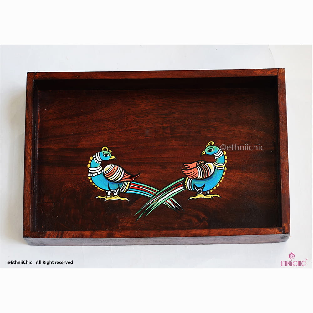 Hand painted Peacocks Solid Wood Serving Tray image 1