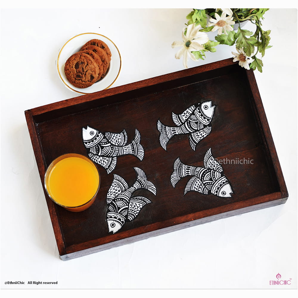 Hand Painted Madhubani Fish Solid Wood Serving Tray image 0