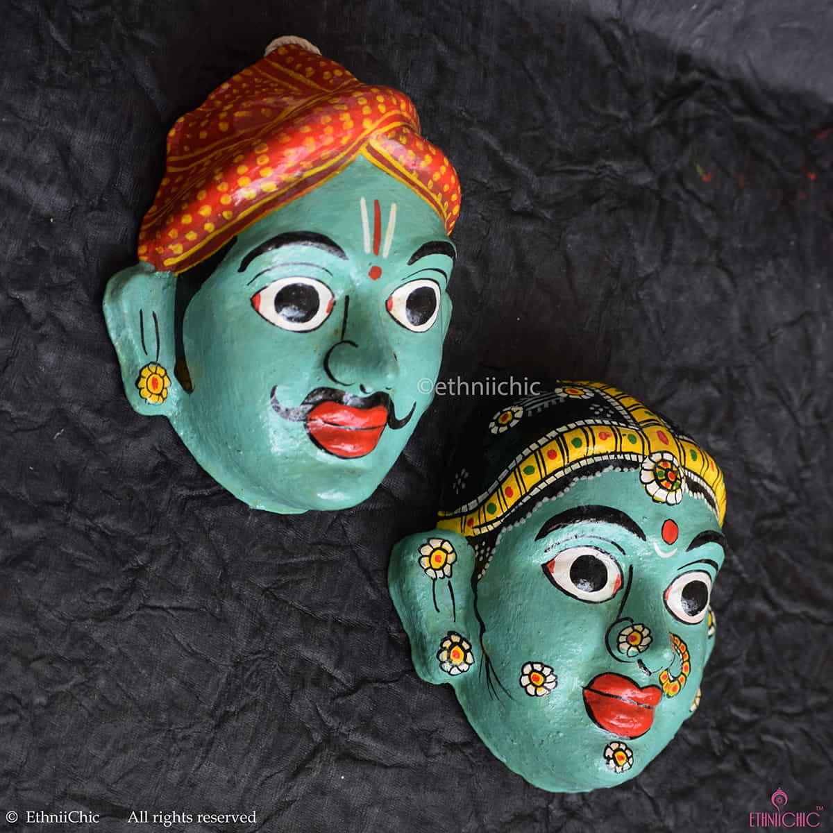 Handmade Teal Cheriyal Mask - Wall Decor image 1