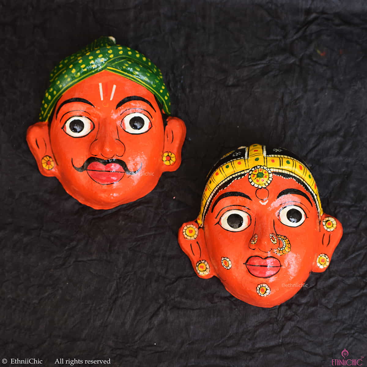 Handmade Orange Cheriyal Mask - Wall Decor image 0
