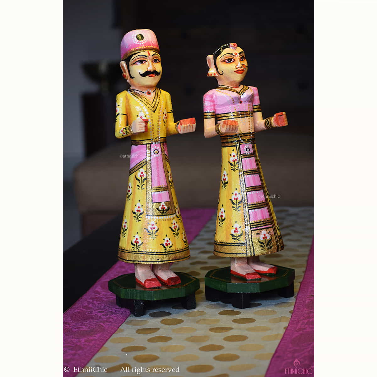 Wooden Gangaur Dolls 12" - Yellow and Pink image 2