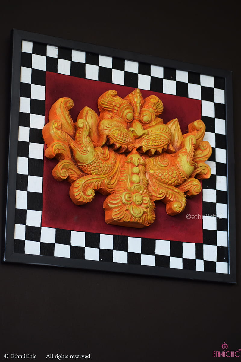 Handcarved Keerthimukha in Frame - Orange