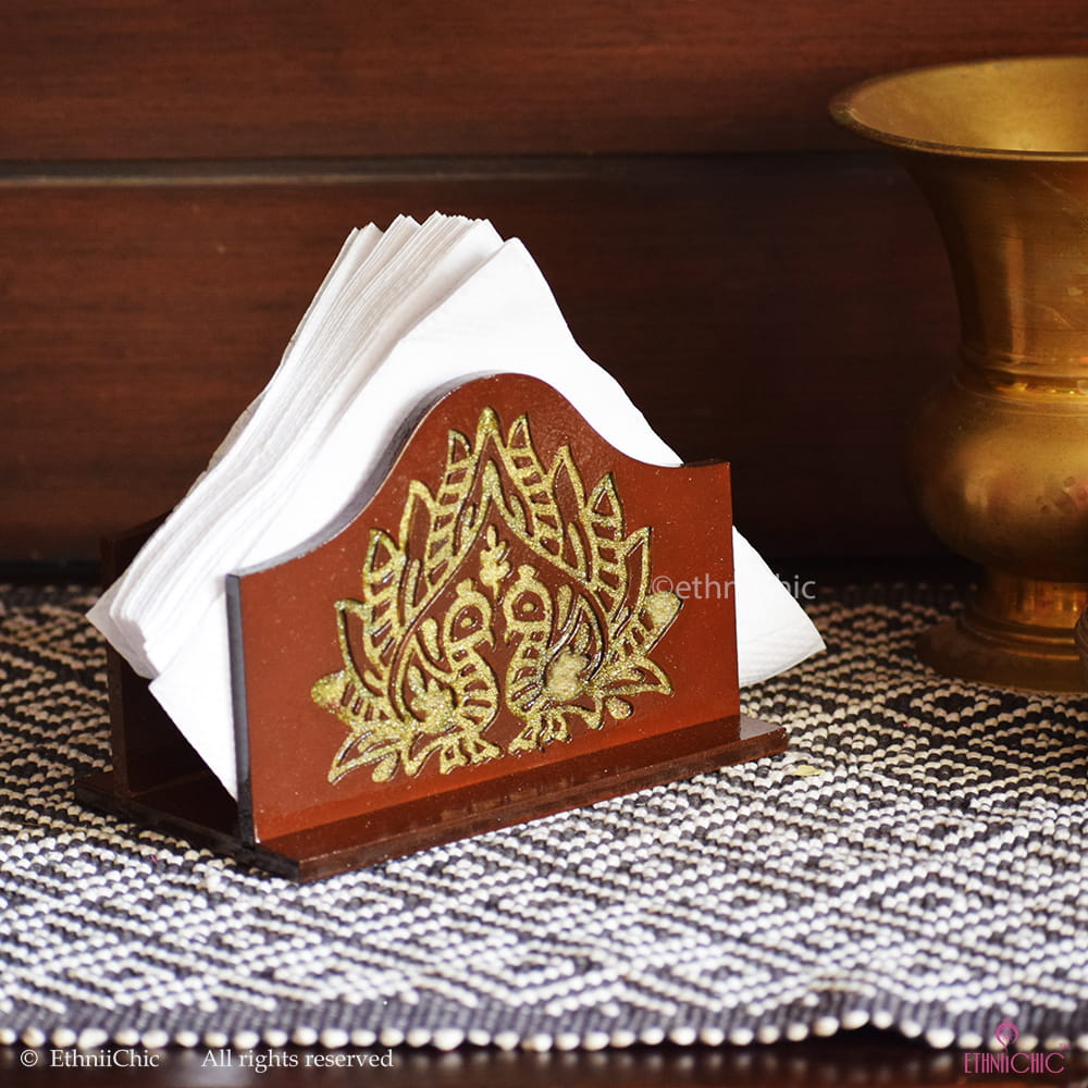 Hand painted Engraved Madhubani Peacock Tissue Holder image 0