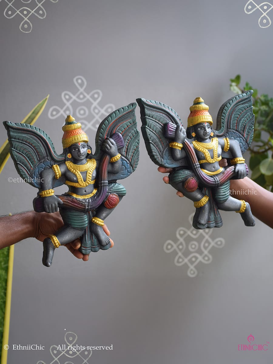 Wooden Handcarved Hand Painted Gandharva with Garland - Olive green
