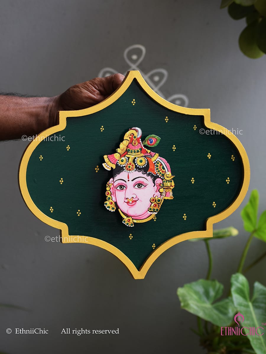 Handpainted Krishna Wooden Wall Plaque - 10"