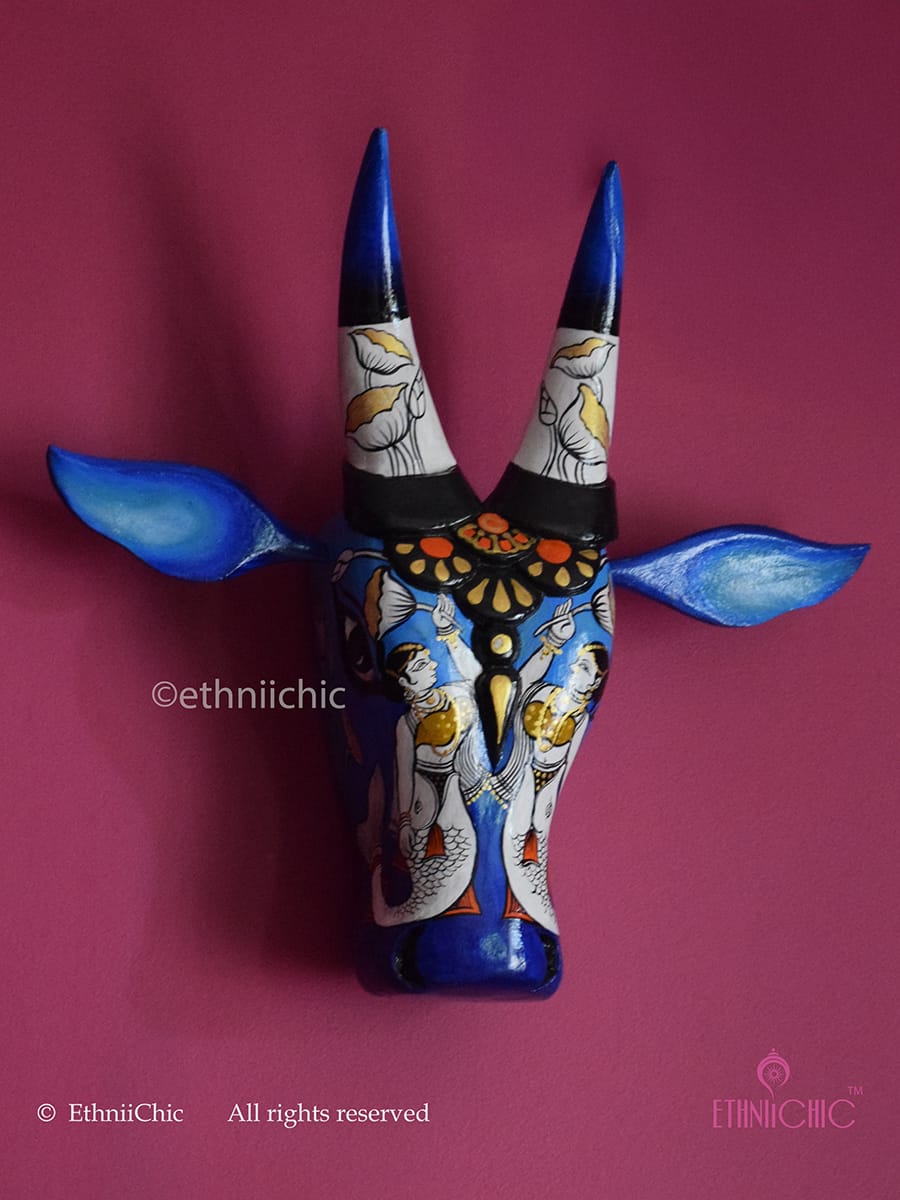 15" Hand-painted Wooden Cow Head in Blue