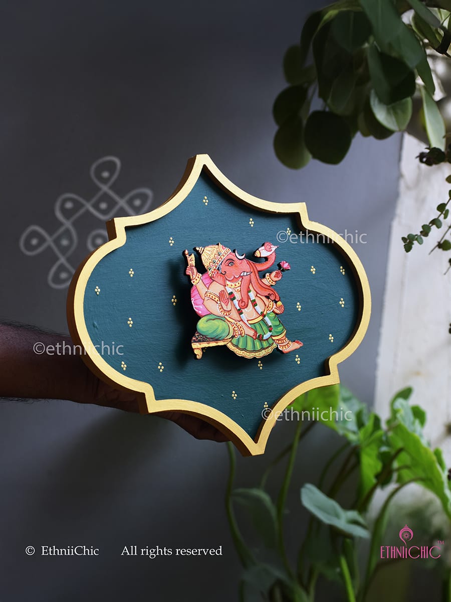 Handpainted Ganesha Wooden Wall Plaque - 10"