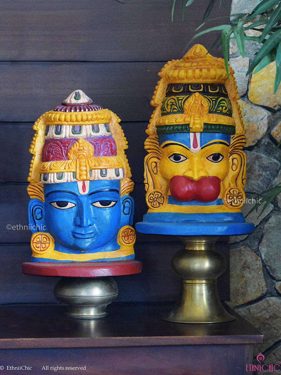 Wooden Hand Painted Ram & Hanuman Heads - 12" (Set of 2)