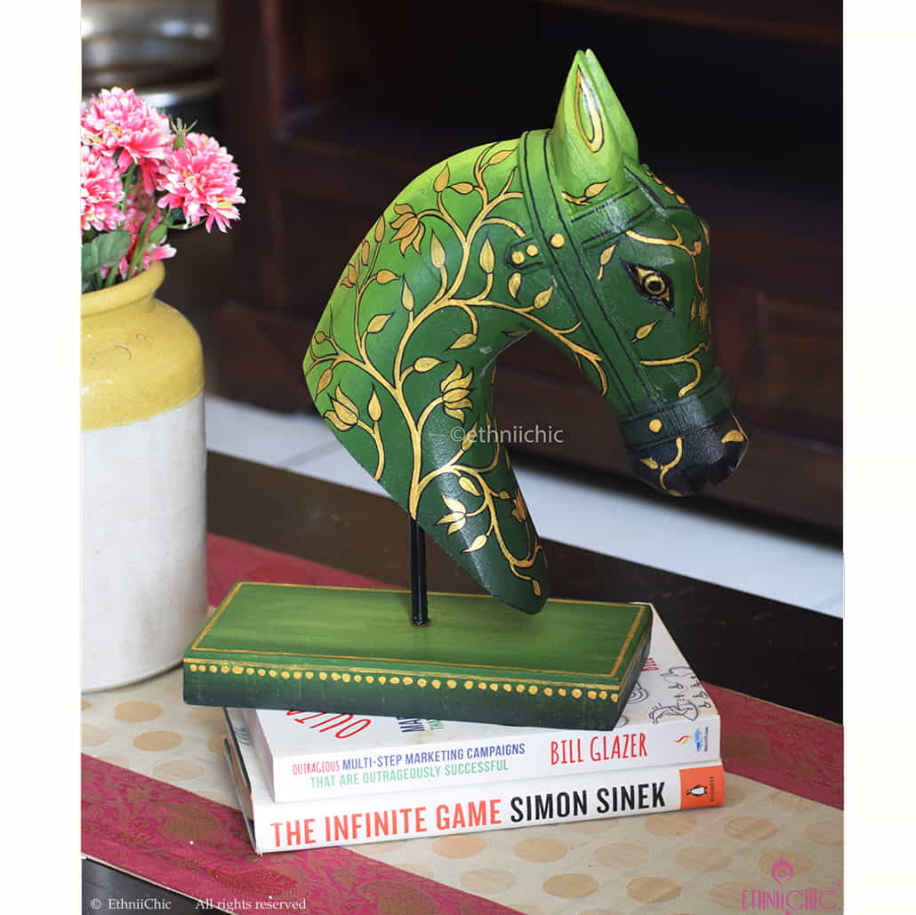Hand Painted Wooden Horse Head on stand - Olive Green image 1