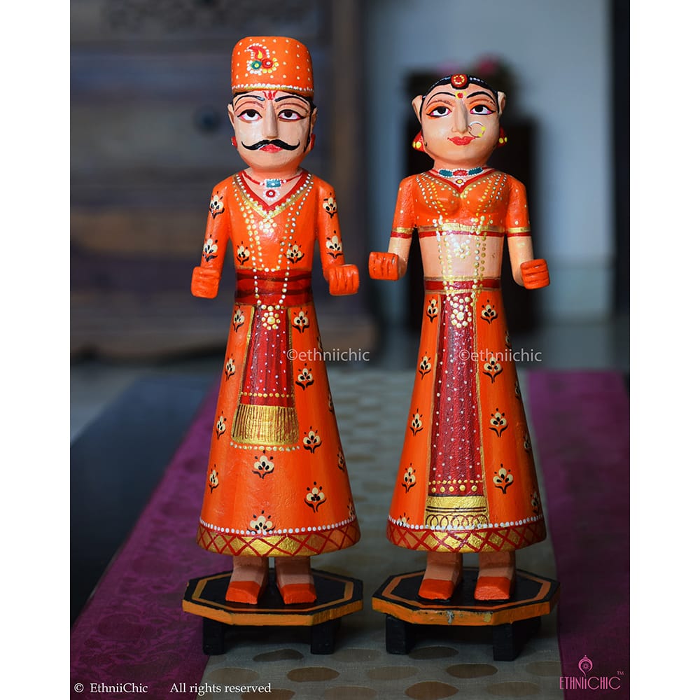 Wooden Gangaur Dolls 12" - Orange & Red image 0