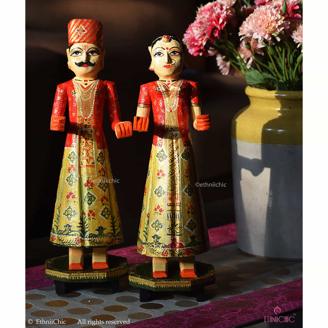 Wooden Gangaur Dolls 12" - Red & Gold image 1